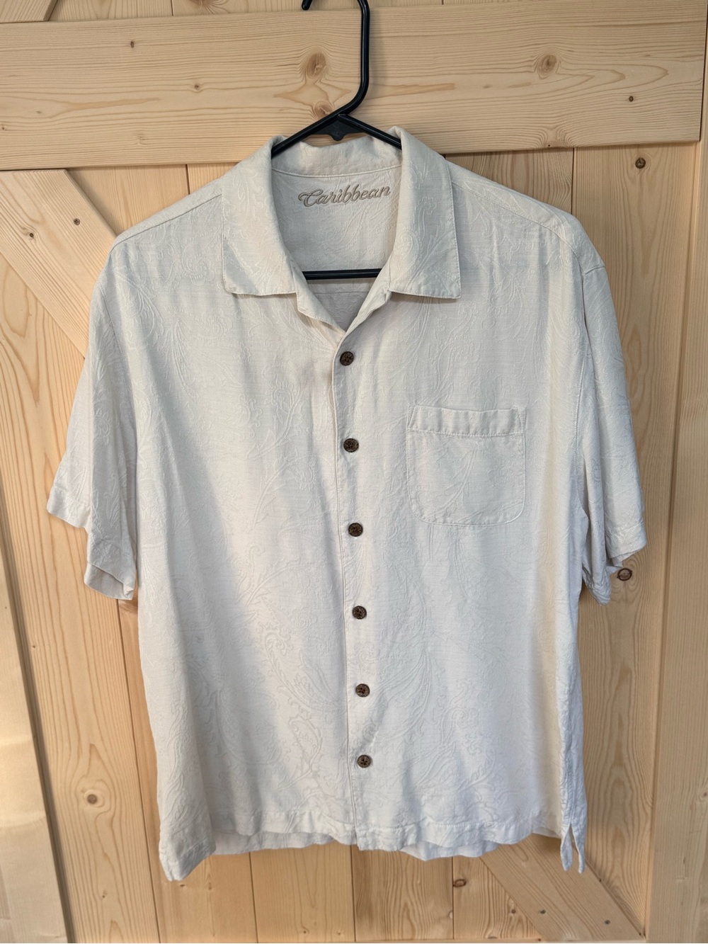 Caribbean Men's Cream Silk Blend Short-Sleeve Button-Up Shirt